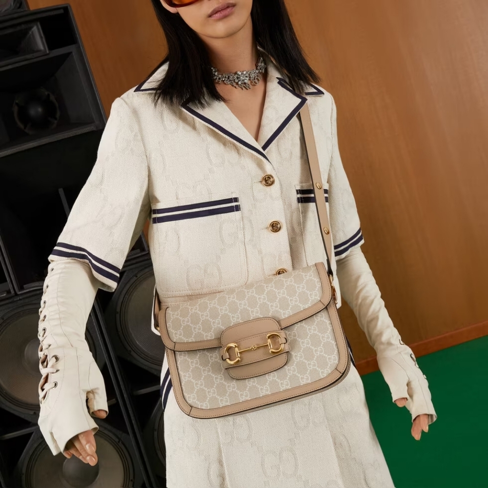 Gucci Horsebit 1955 small bag - beige and white canvas (shoulder/sling bag)